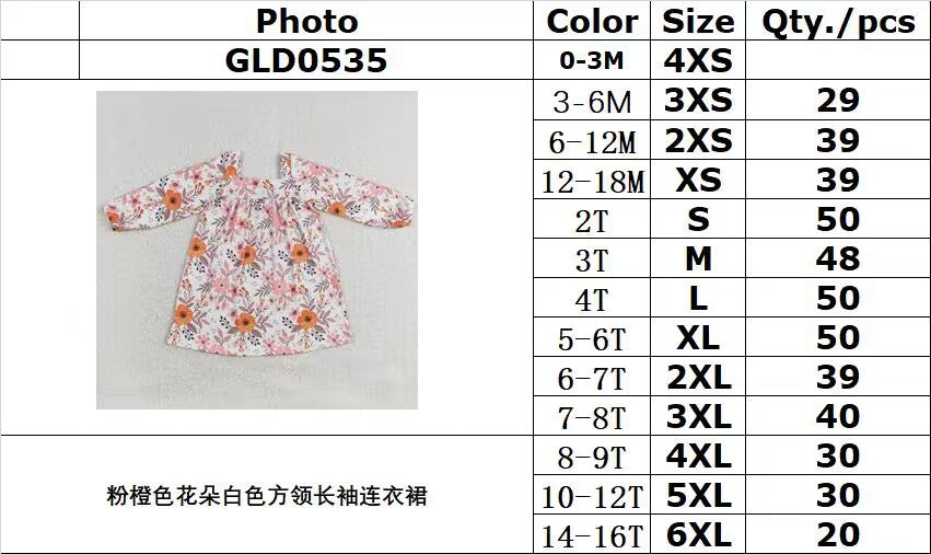 rts no moq GLD0535 Pink and orange flower white square neck long-sleeved dress