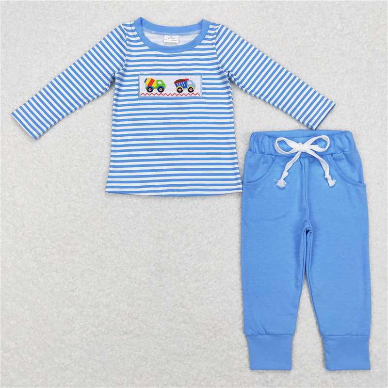 RTS NO MOQ(In Stock) BLP0393 Baby Boys embroidery blue Top Pants Outfits Sets