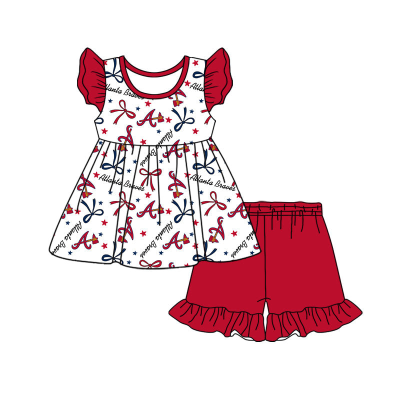 custom moq 3 eta 6-7weeks baby girls clothes team bow red short Sleeves Shorts Set