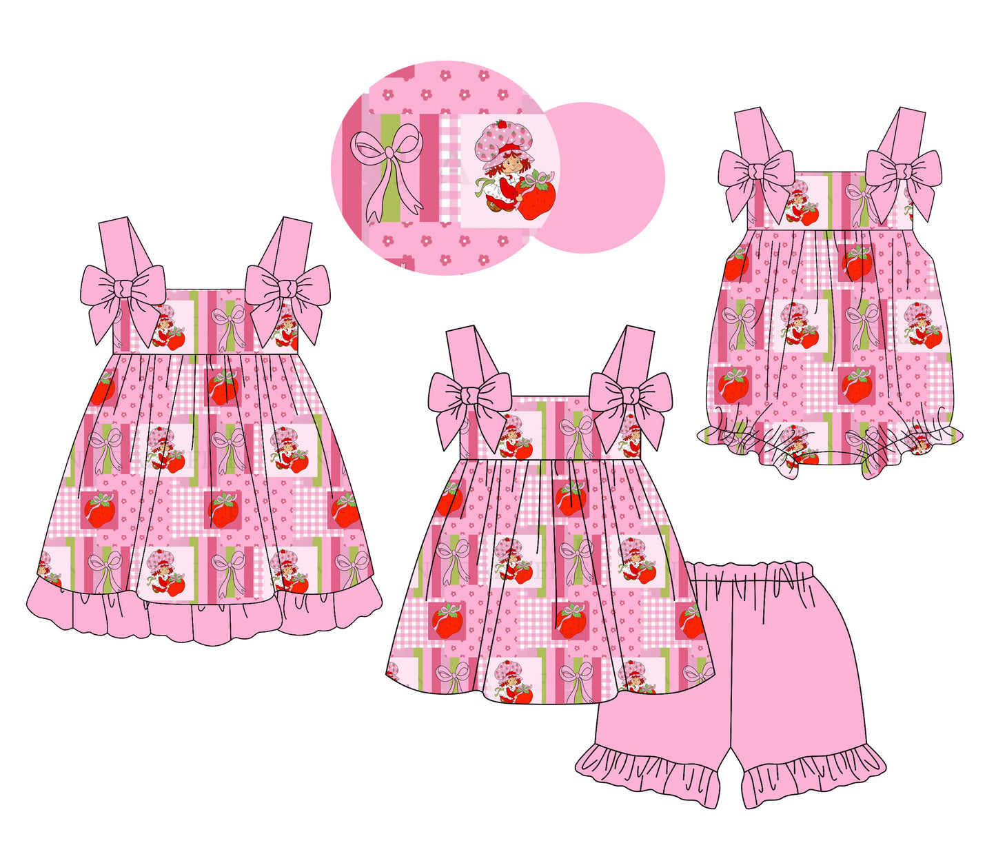25.11.21 custom each style moq 5 eta 6-8week Sibling Sister strawberry bow baby short sleeve shorts sets and romper and dress match design