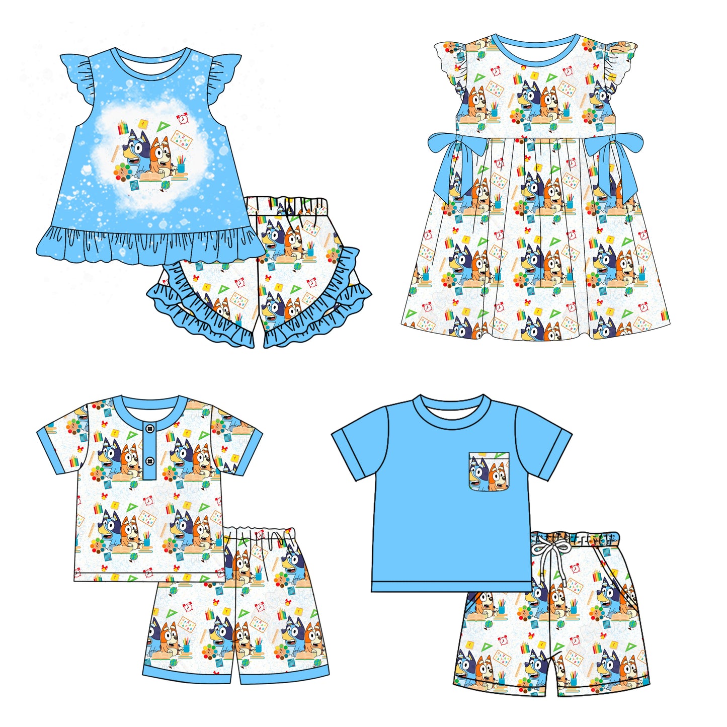 12.30 custom each style moq 5eta 4-6week Sibling Sister cartoon dog baby boy short sleeve shorts sets 1 and sets 2 and set 3 and dress match design