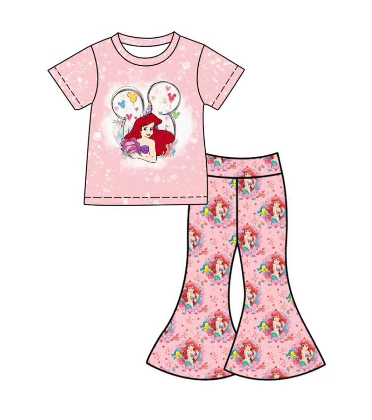 Custom moq 5 mix size milk silk baby girl clothes cartoon pink short sleeve pants sets
