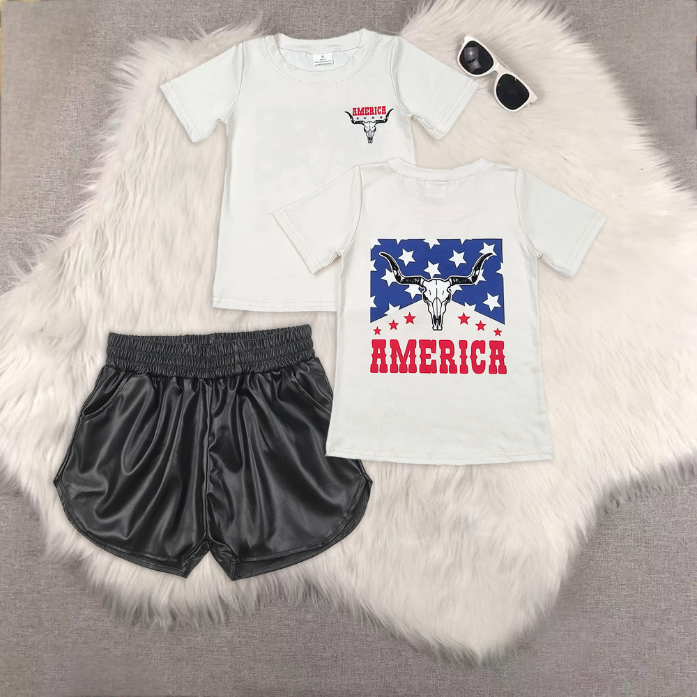 RTS NO MOQ ETA 5/7days Arrived GT0465+SS0413 america star mountain bull head beige short-sleeved top Glossy leather black shorts sets