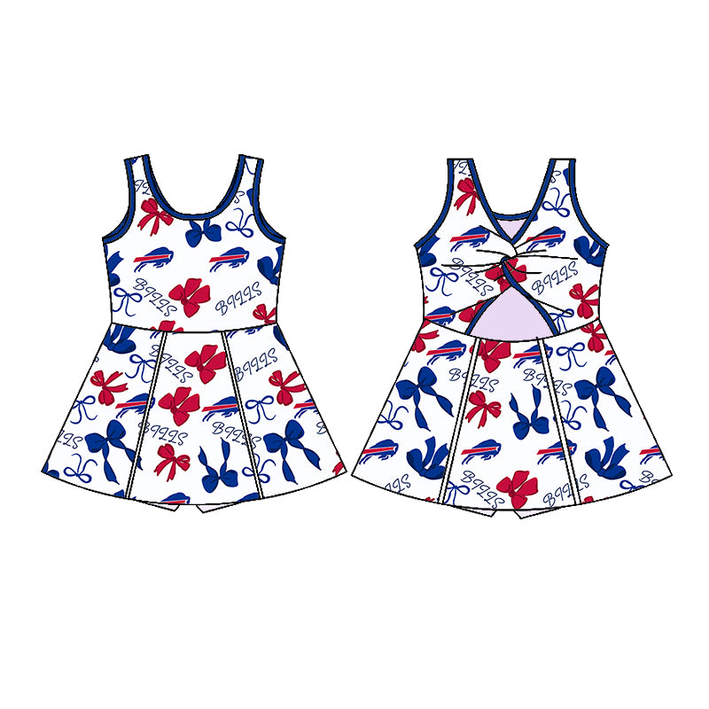 Custom moq 5 mix sizes summer teams baby girls clothes team blue short sleeve skirts shorts sets dress 1 and dress 2 and dress 3 and dress 4-25.5.26