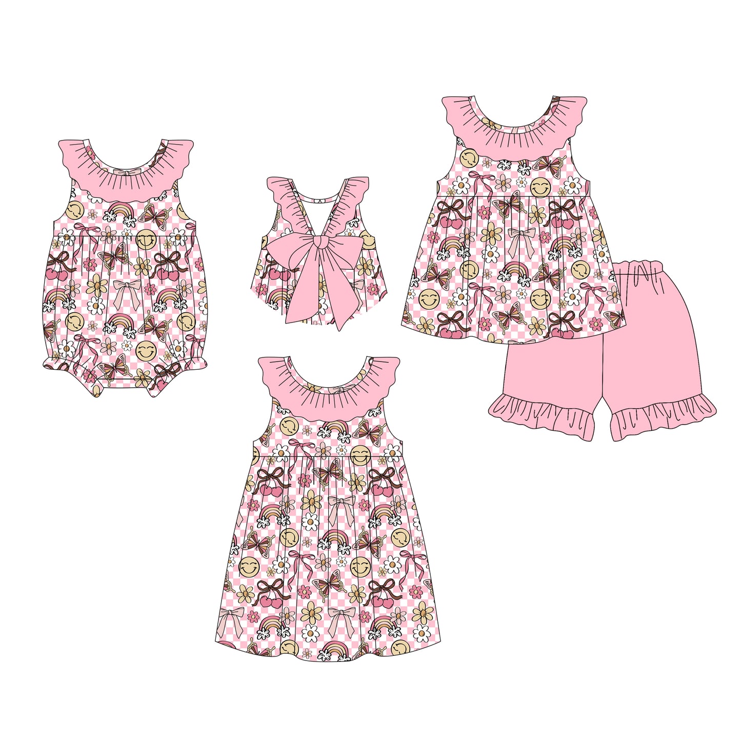 26.1.8 custom each style moq 5 eta 6-8week Sibling Sister bow baby short sleeve shorts sets and romper and dress match design
