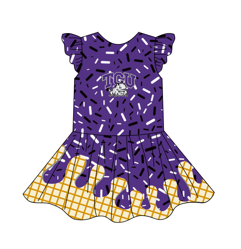 custom moq 3 eta 6-7weeks baby girls clothes team purple flying Sleeves Dress