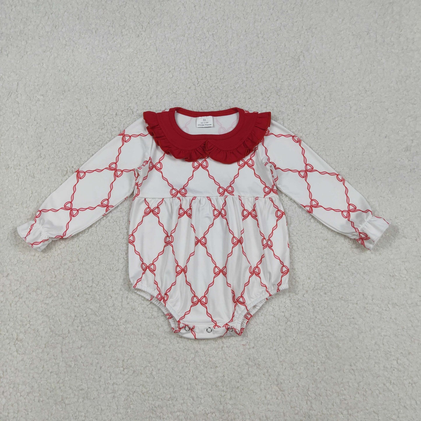 RTS NO MOQ(In Stock) Red Lace Peter Pan Collar Long-Sleeved Jumpsuit with Bow Pattern