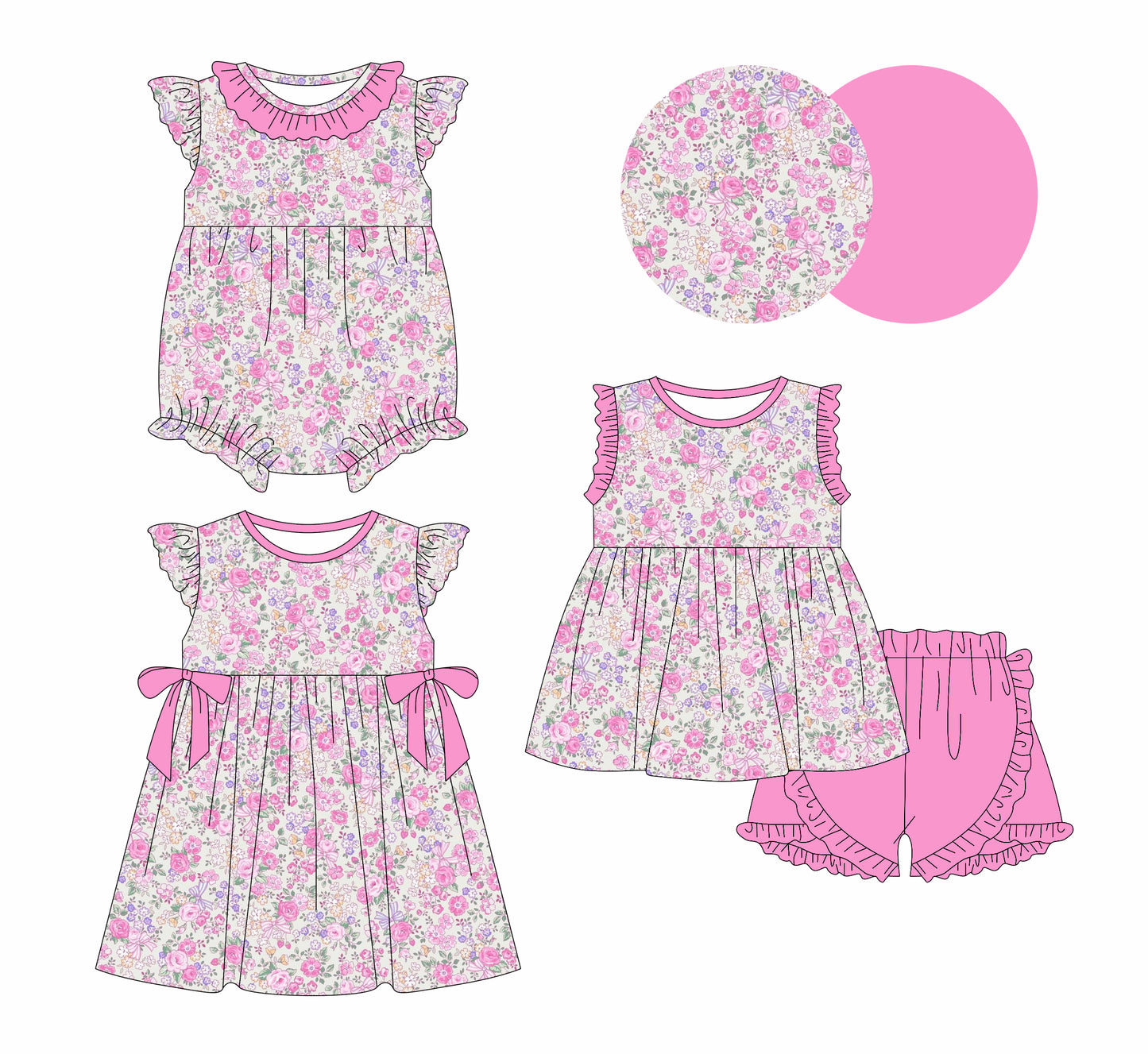 12.30 custom each style moq 5eta 4-6week Sibling Sistes floral baby girl short sleeve shorts sets and dress and rompers match family design