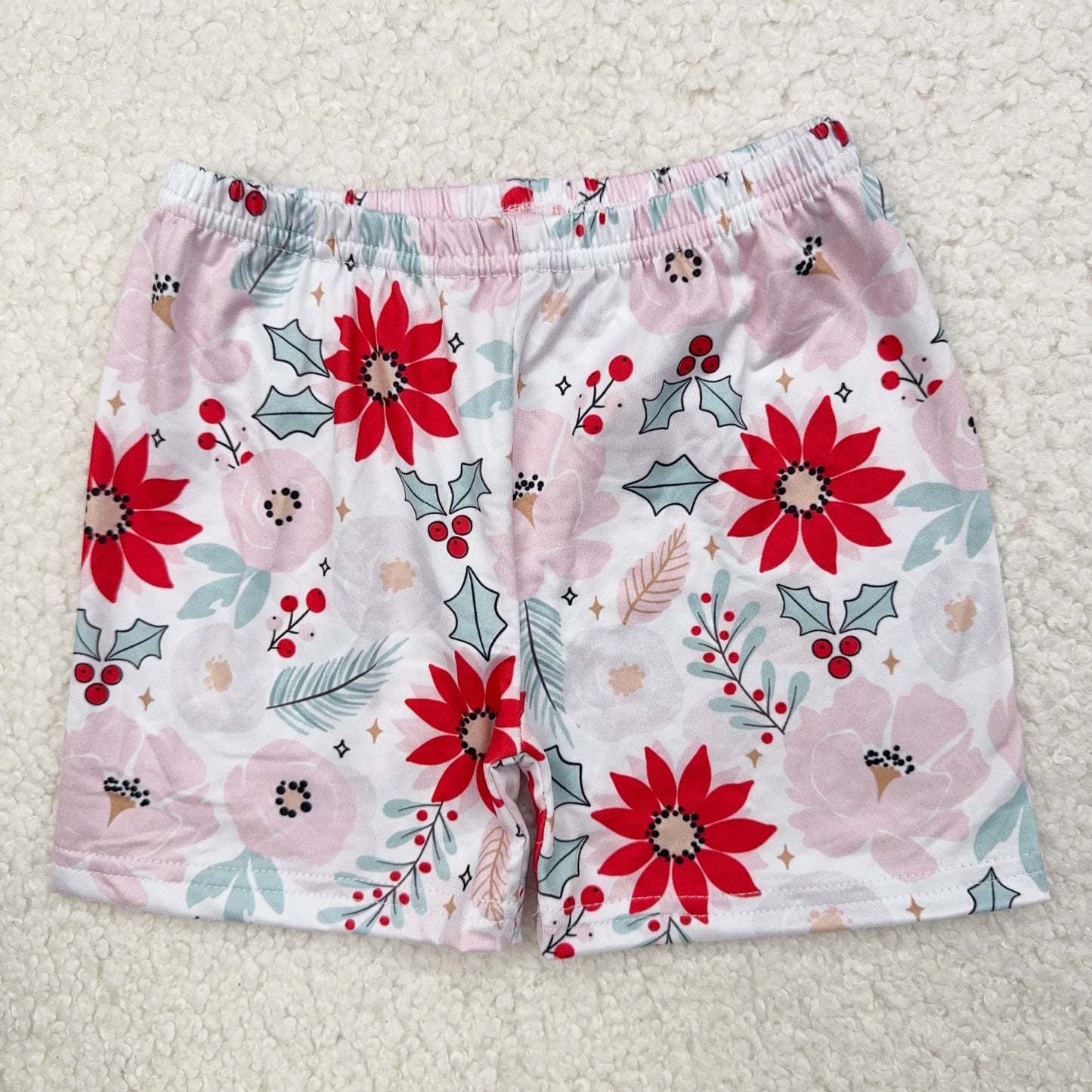 RTS SALES NO MOQ 红粉色花朵蓝色叶子白底短裤Red and pink flowers, blue leaves and white shorts