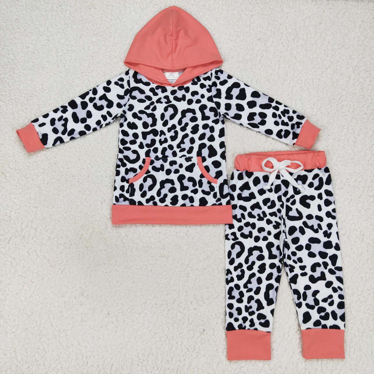 RTS NO MOQ(In Stock) GLP0795 Leopard print pocket pink hooded long sleeve trousers suit