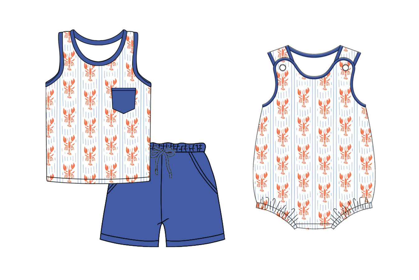 26.1.3 custom each style moq 5 eta 6-8week Sibling Sister lobster baby boy short sleeve shorts sets and romper match design