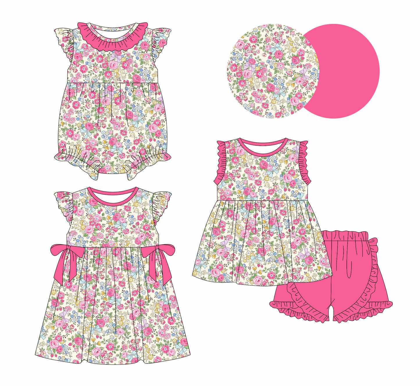 12.30 custom each style moq 5eta 4-6week Sibling Sistes floral baby girl short sleeve shorts sets and dress and rompers match family design