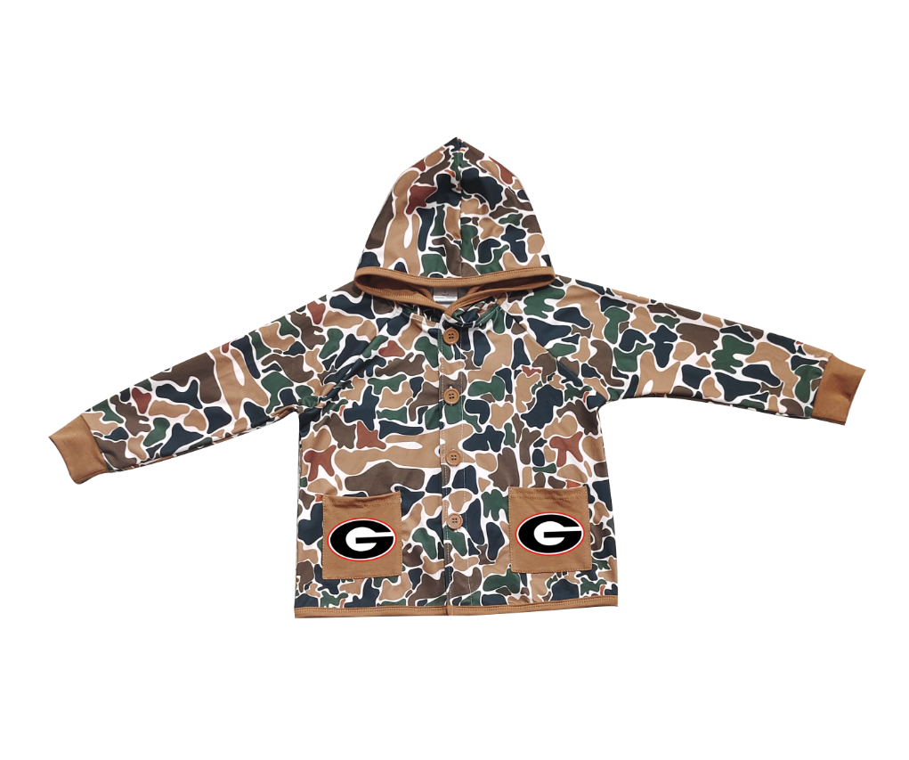 Custom moq 5 mix size milk silk baby boys clothes team summer camouflage button hooded long sleeve top-25.11.25