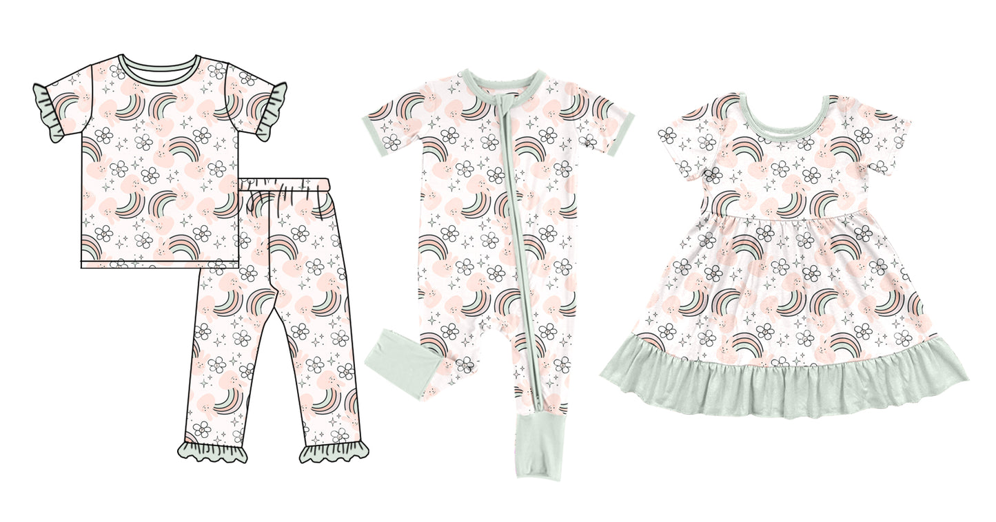 25.12.2 custom each style moq 5 eta 6-8week Sibling Sisters rainbow floral baby girl short sleeve pants sets and dress and rompers match family design