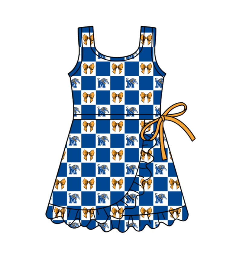 Custom moq 5 mix size milk silk baby girl clothes team summer bow blue sleeveless dress