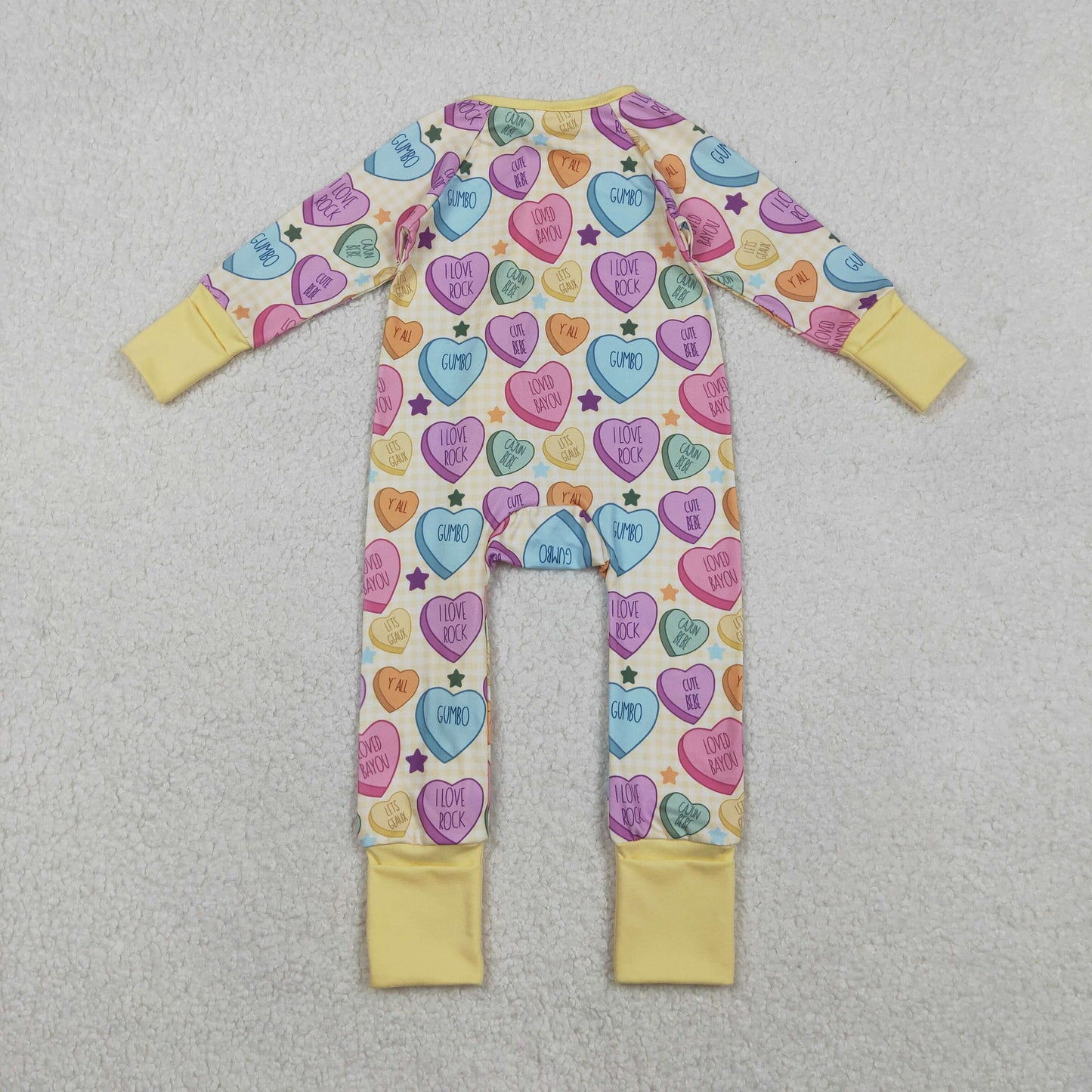 RTS NO MOQ(In Stock ) LR2778 Valentine's Day Letter Heart Beige Zipper Long-Sleeved Onesie
