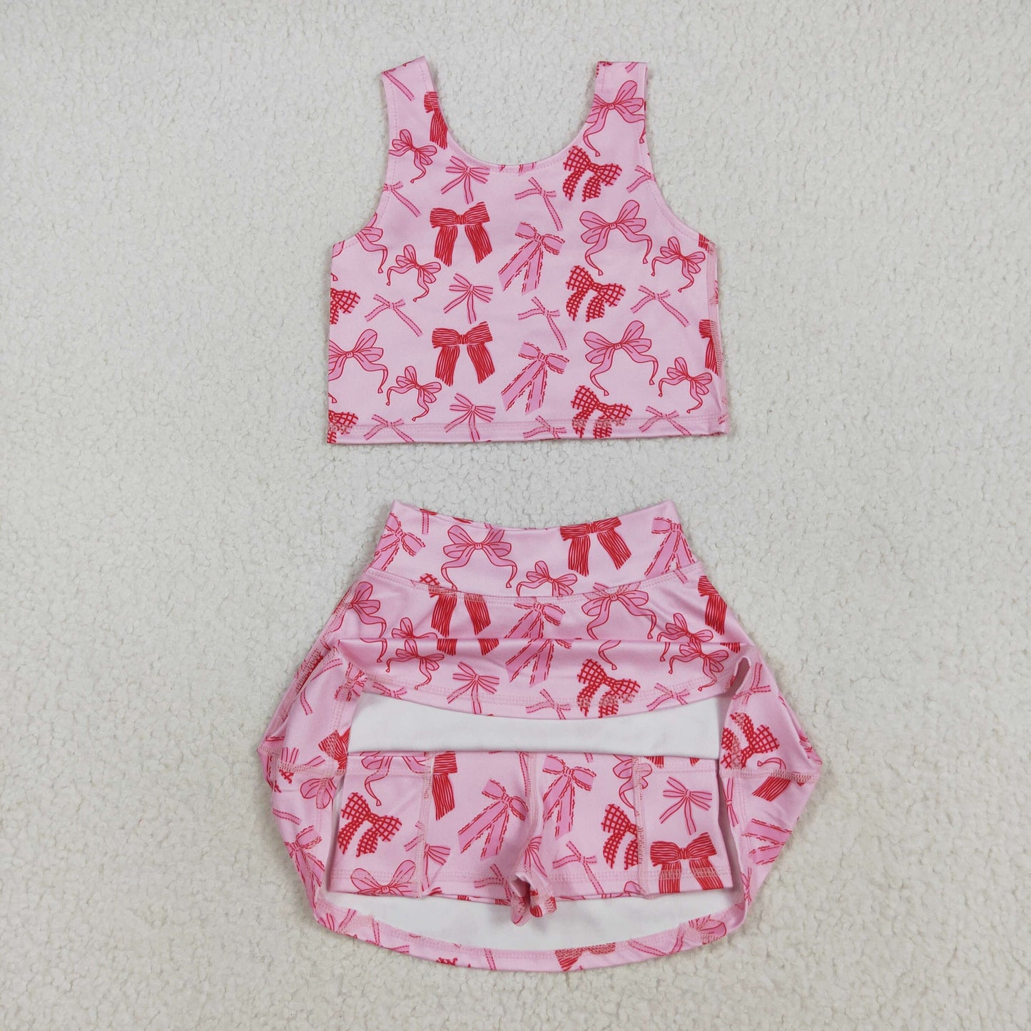 RTS NO MOQ(In Stock ) GSD2459 Pink Bow Pattern Tank Skirt Yoga Set