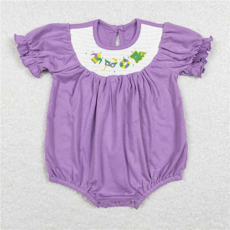 RTS NO MOQ Sibling baby girl clothes GSD0502 Smocked embroidered carnival mask purple and white plaid short-sleeved dress and romper