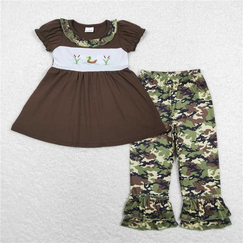 RTS NO MOQ Sibling baby girl clothes Embroidered duck camouflage lace army green short-sleeved trousersEmbroidered duck camouflage lace army green short-sleeved jumpsuit