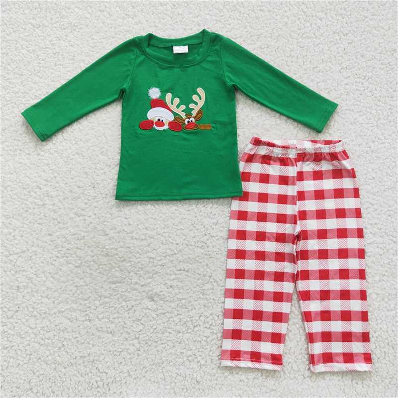 RTS NO MOQ GLP0507 Embroidered Santa Claus reindeer plaid lace green long-sleeved trousers suit