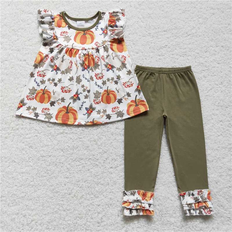 RTS NO MOQ(In Stock)GSPO0837 Pumpkin leaf white and green short-sleeved trouser suit