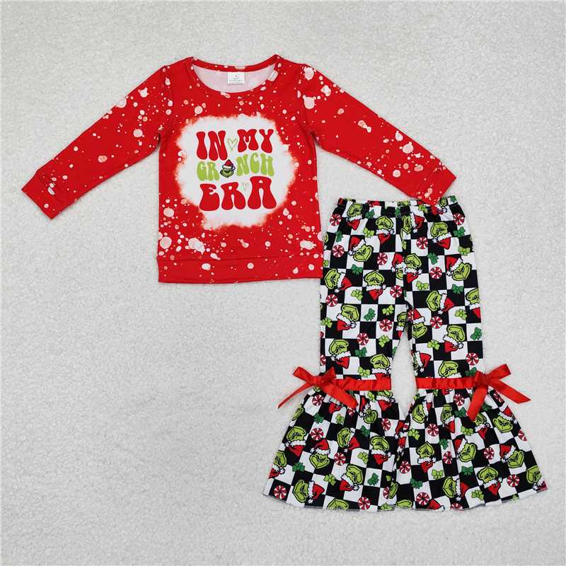 RTS NO MOQ Sibling baby girl clothes Christmas Long Sleeve Top-Bow Flared Pants Sets