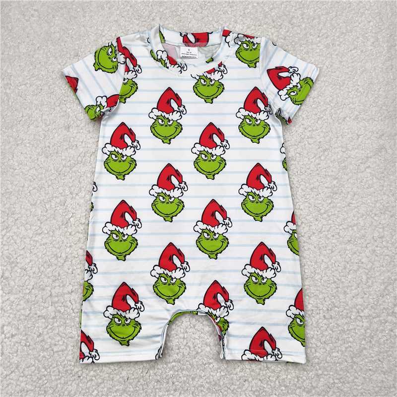RTS SALES NO MOQ4.19红色圣诞帽绿怪蓝色横条白底连体衣Red Santa hat, green monster, blue horizontal stripes, white bodysuit