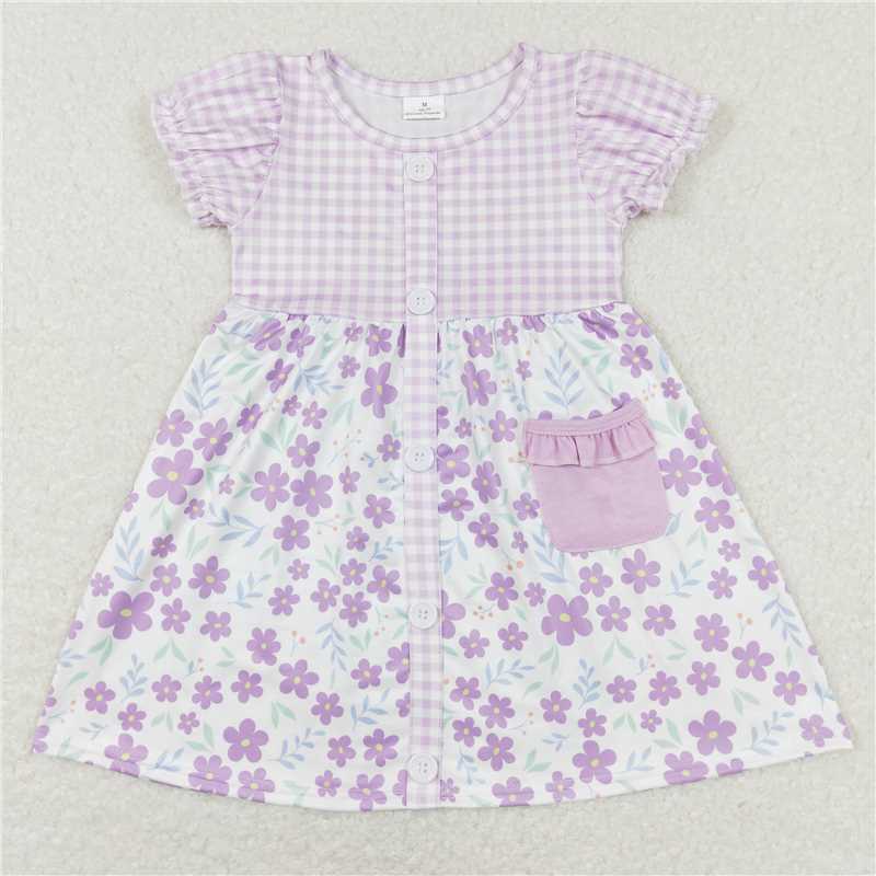 GBO0214 GSD0577 RTS Flower purple and white plaid short-sleeved briefs suit Floral Purple and White Plaid Button Short Sleeve Dress