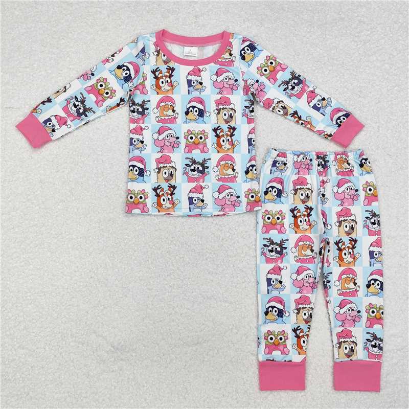 RTS NO MOQ Sibling Baby kids pink Santa hat puppy blue and white plaid long-sleeved pants suit & romper