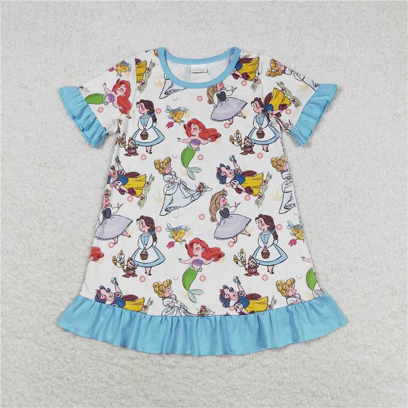 RTS NO MOQ GSD1291 Cartoon Blue Lace Short Sleeve Dress match girls outfits