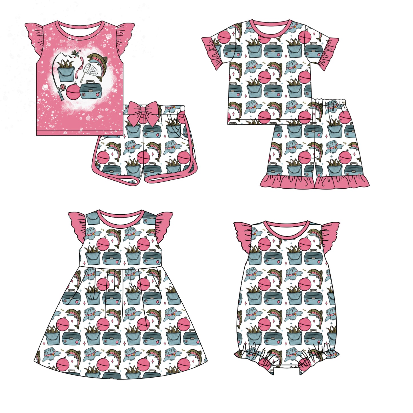 26.1.6 custom each style moq 5 eta 6-8week Sibling Sister fishing baby short sleeve shorts sets 2 and dress and romper match design