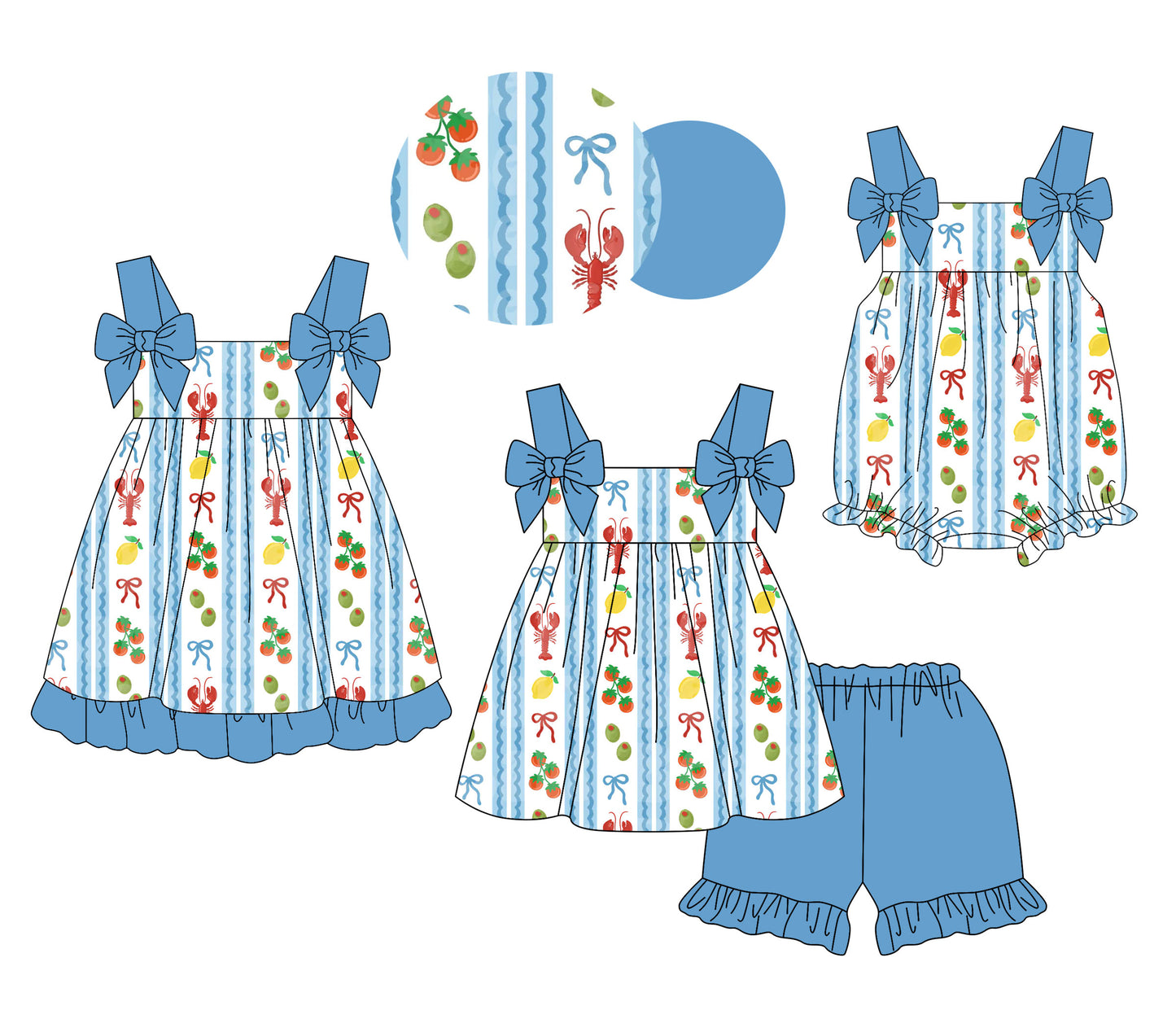 25.12.2 custom each style moq 5 eta 6-8week Sibling Sister lobster bow baby short sleeve shorts sets and romper and dress match design