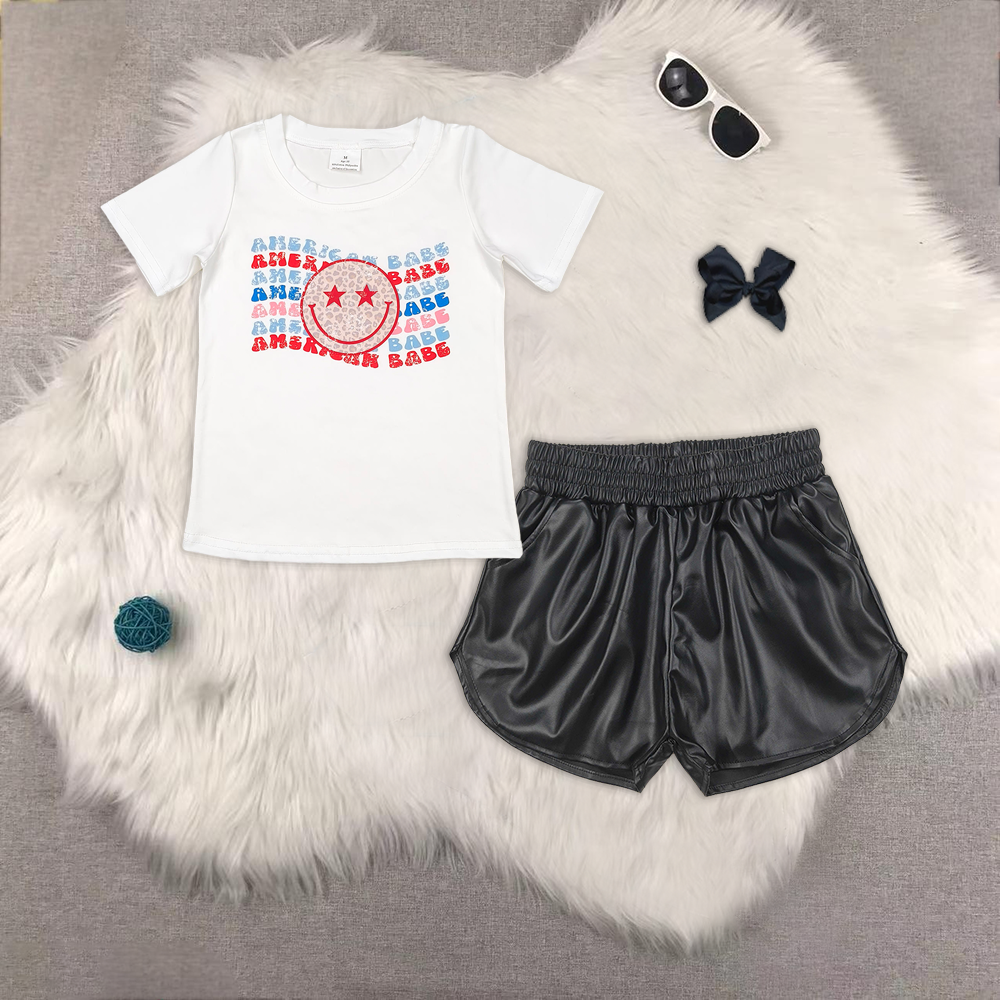 RTS NO MOQ ETA 5/7days Arrived GT0502+SS0413 american babe leopard print smiley face white short-sleeved top Glossy leather black shorts sets