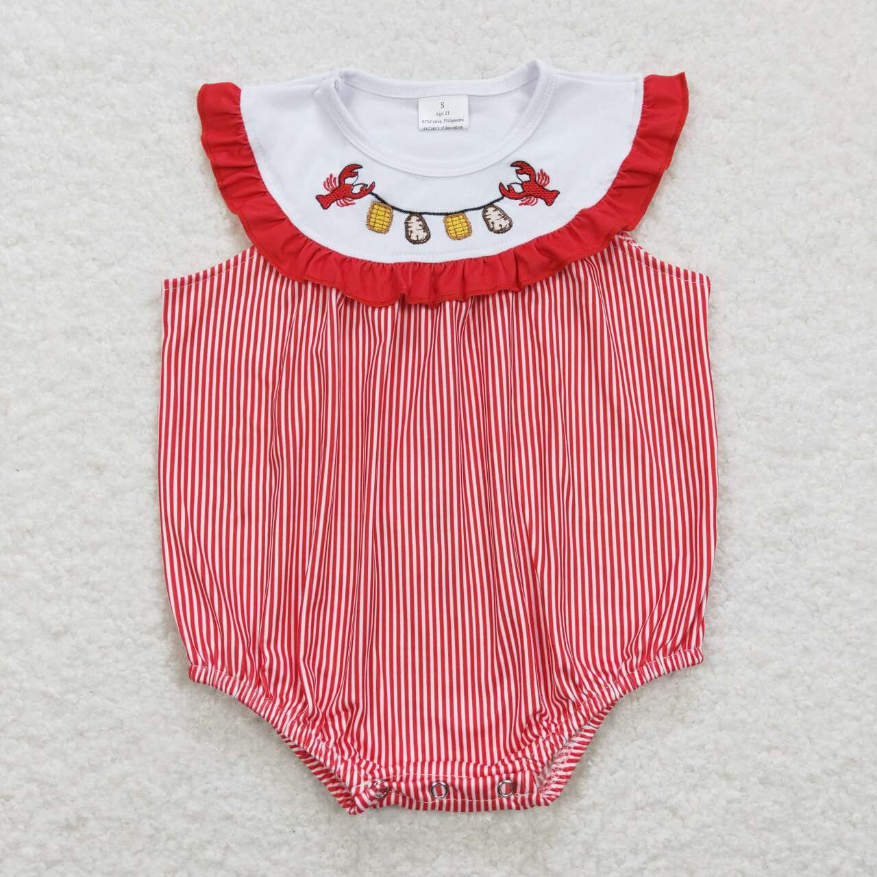 RTS NO MOQ(In Stock) Embroidered Crayfish Corn Red Lace Striped Sleeveless Jumpsuit