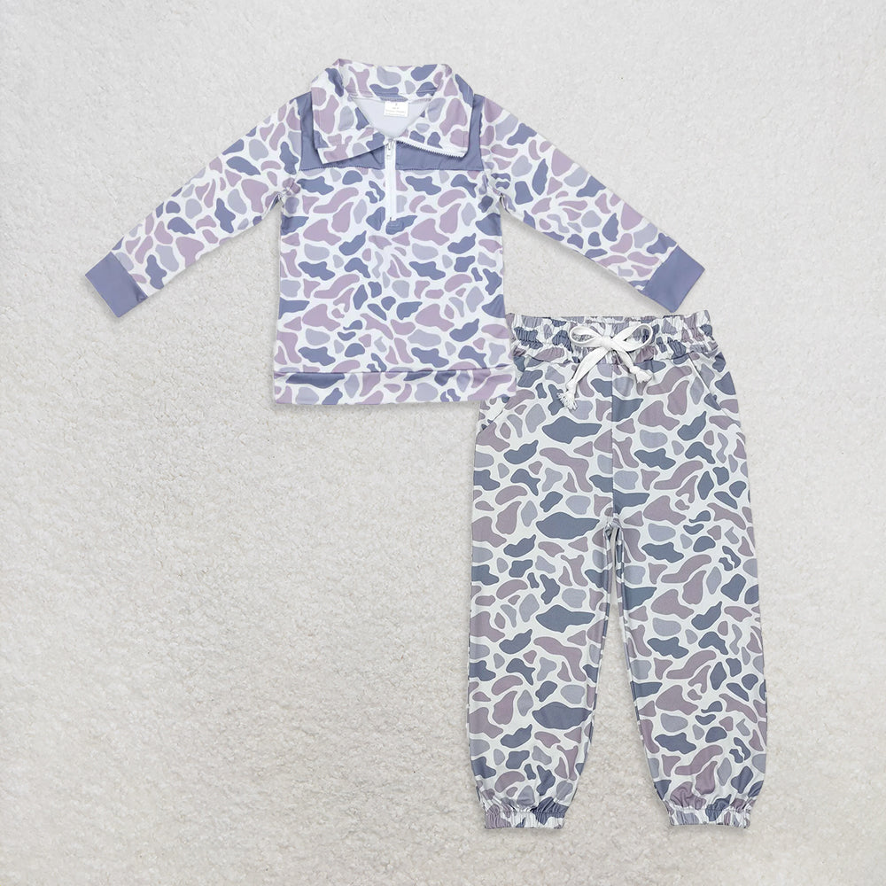 RTS NO MOQ BT0467 + P0651 Baby Boys Grey Camo Zip Long Sleeve Patchwork Pullovers Tops Bottoms Jogger Pants
