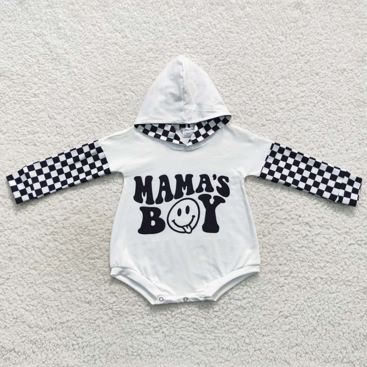 RTS NO MOQ(In Stock) LR0540 mama's boy smiling face black and white plaid hooded long-sleeved jumpsuit
