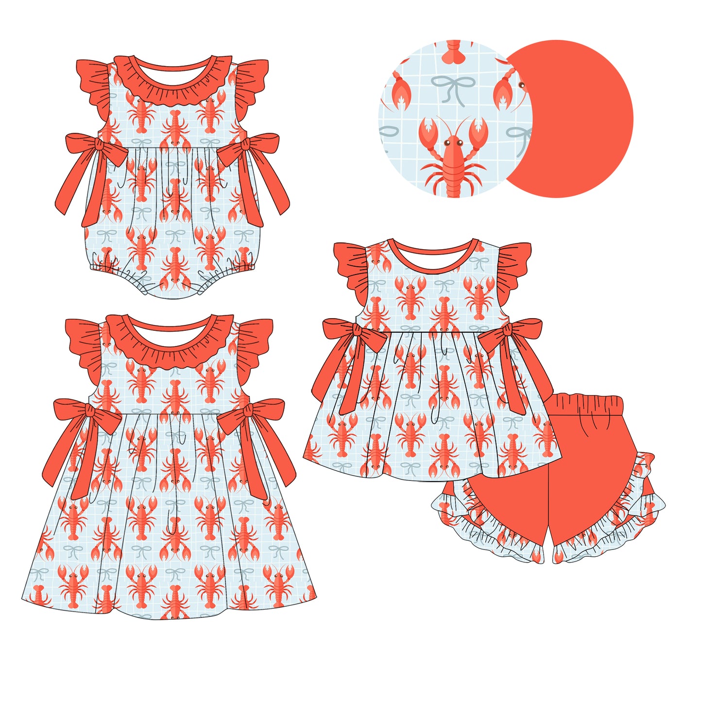 25.12.4 custom each style moq 5 eta 6-8week Sibling Siste lobster bow baby short sleeve shorts sets and romper and dress match design