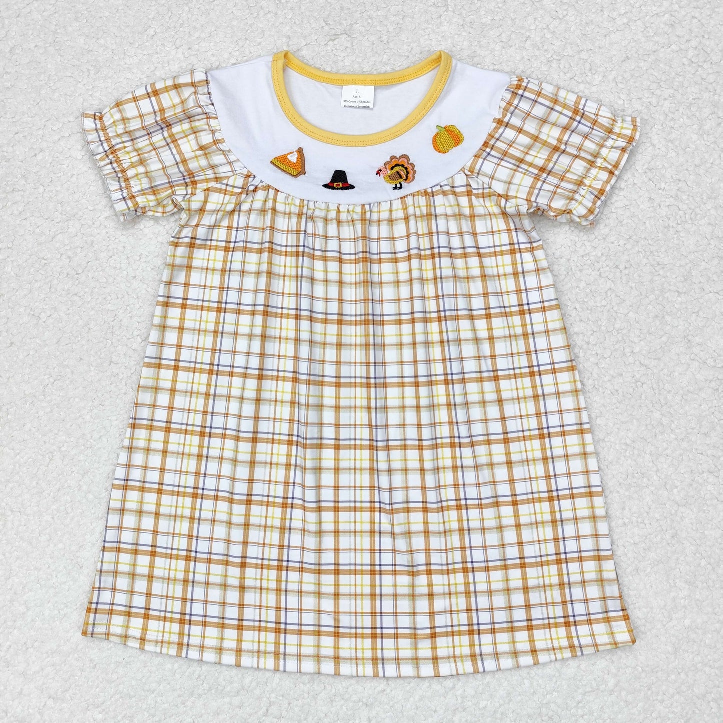 RTS NO MOQ(In Stock) GSD1322 Embroidered hat turkey pumpkin orange and yellow plaid short-sleeved dress