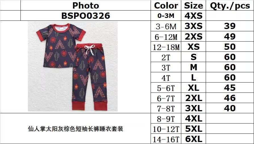 BSPO0326 Cactus Sun Gray Brown Short Sleeve Long Pants Pajama Set
