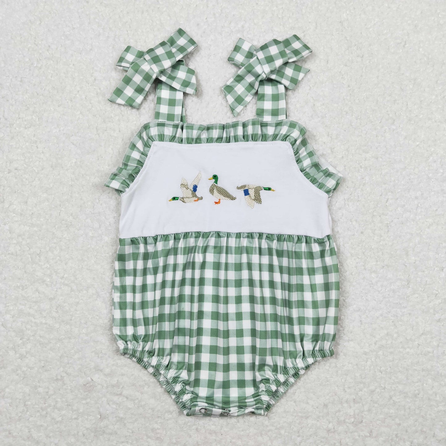 RTS NO MOQ(In Stock Embroidered duck green and white plaid lace camisole bodysuit