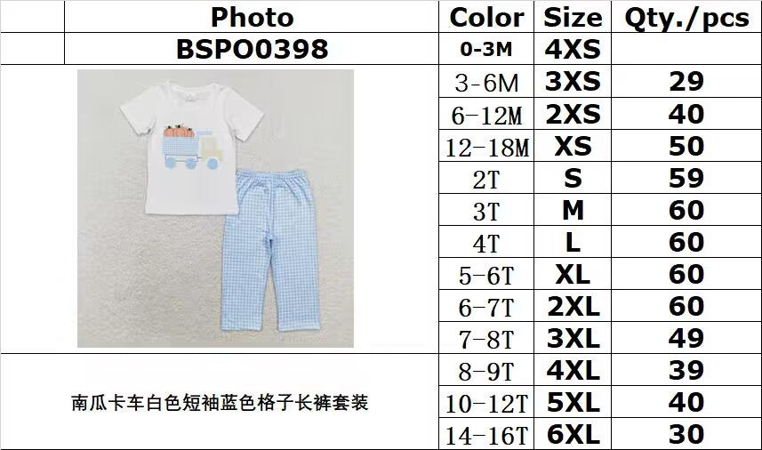 RTS no moq BSPO0398 Pumpkin Truck White Short Sleeve Blue Plaid Trousers Set