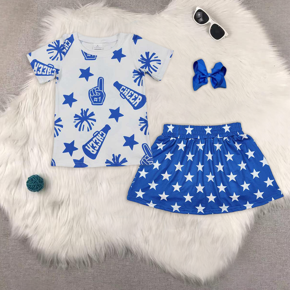 RTS NO MOQ ETA 5/7days Arrived GT0941+GLK0051 Cheer blue fireworks star white short-sleeved top star striped blue pants skirt sets