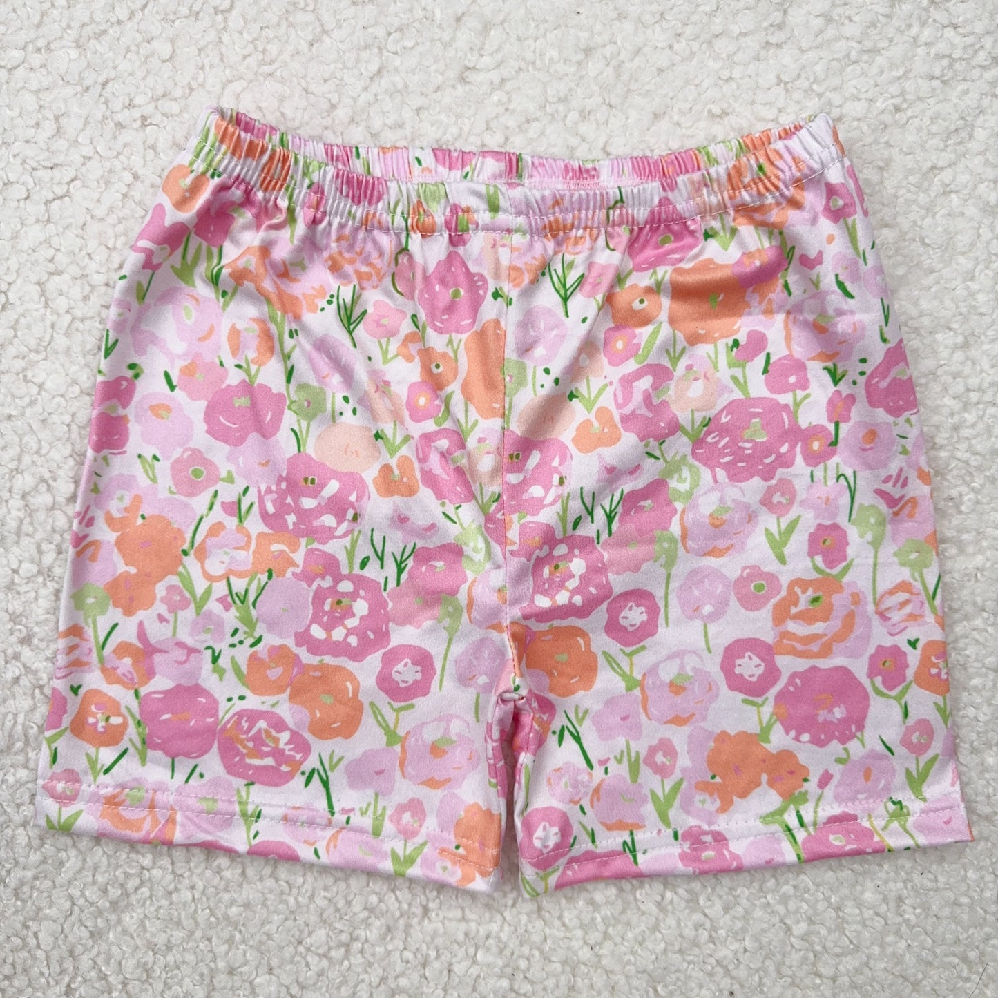 RTS SALES NO MOQ橘粉色花朵绿叶粉色短裤Pink shorts with orange and pink flowers and green leaves