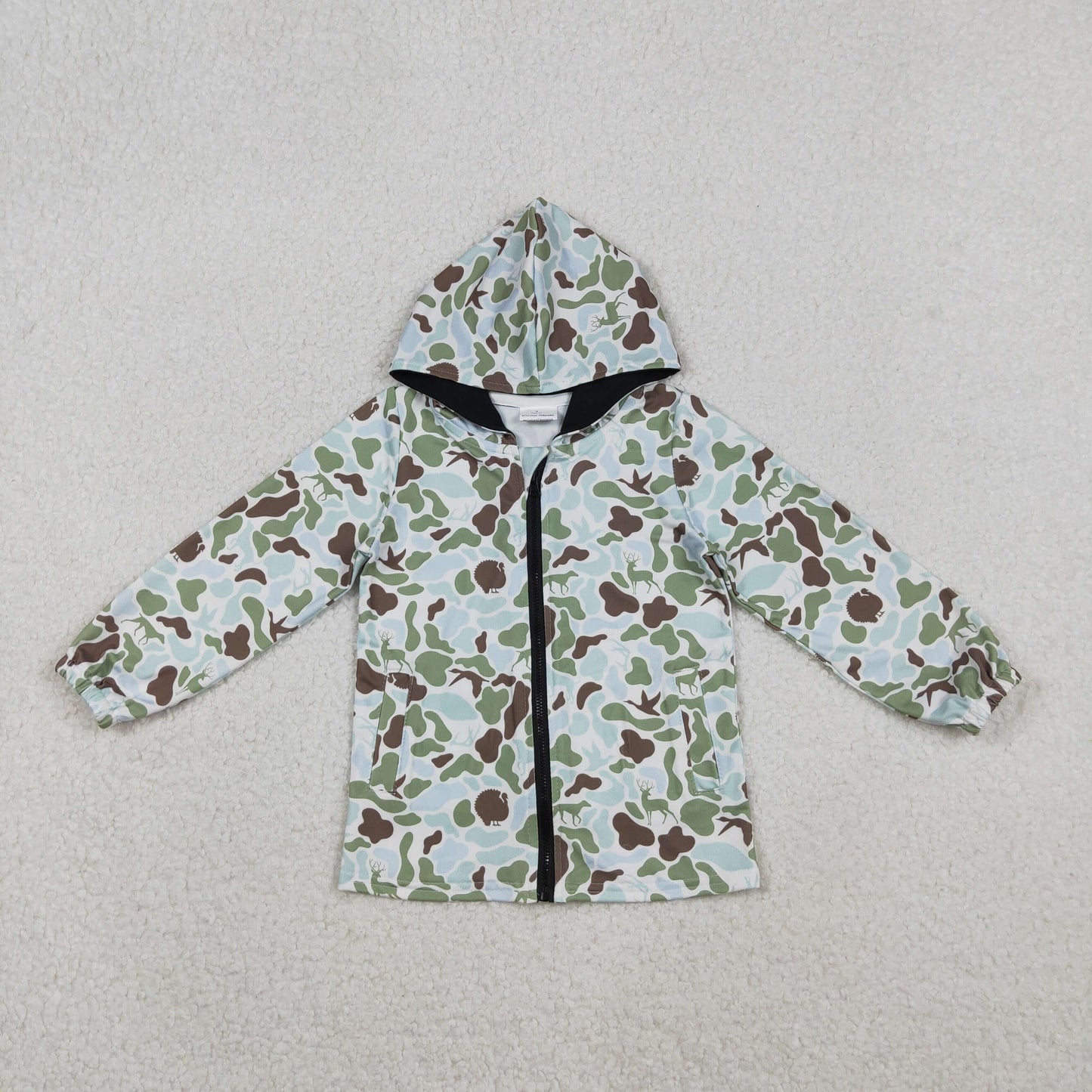 RTS NO MOQ(In Stock) BT1399 Reindeer Brown-Green Camouflage Zipper Hooded Long-Sleeved Top