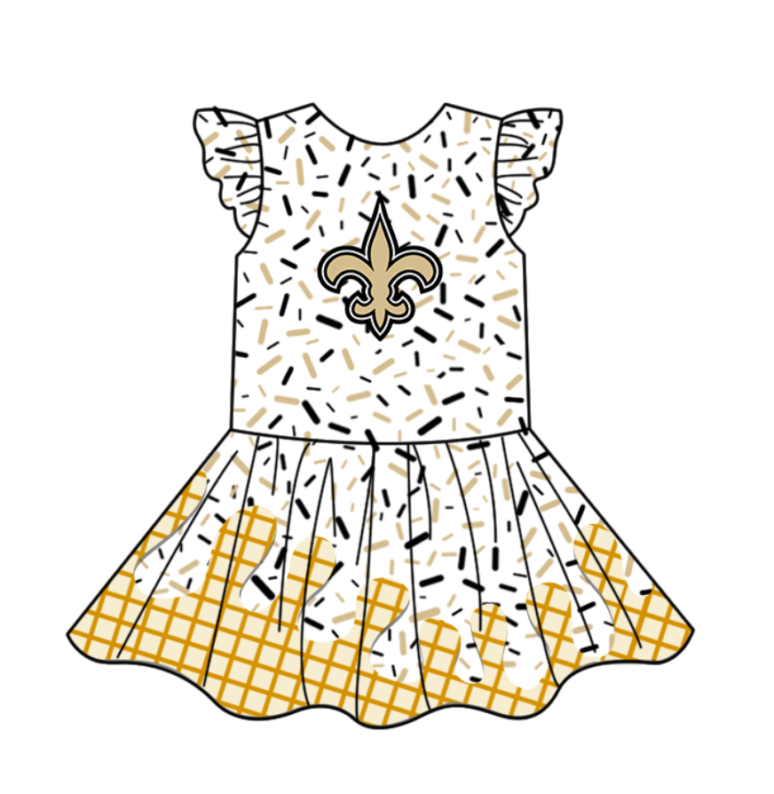 custom moq 3 eta 6-7weeks baby girls clothes team gold flying Sleeves Dress-25.4.30