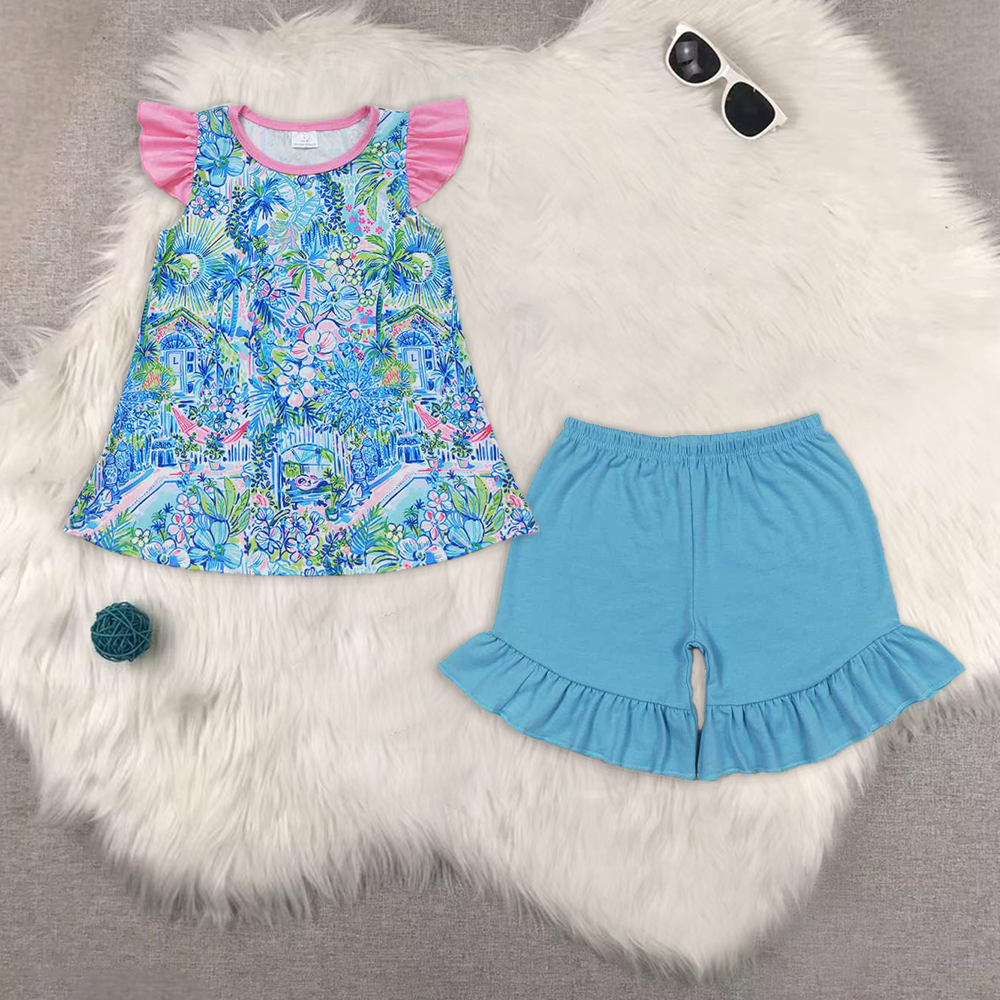rts no moq GT0563+SS0272 Flower pattern blue flying sleeve top one layer lace shorts sets