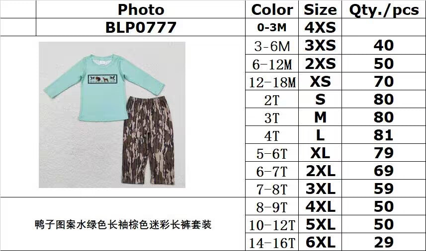 rts no moq BLP0777 Duck pattern aqua long sleeve brown camouflage trousers set