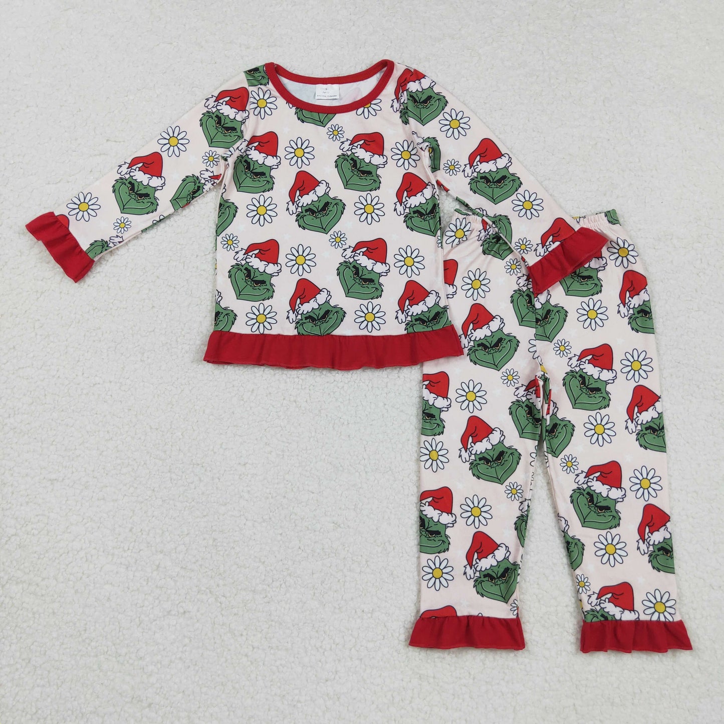RTS NO MOQ(In Stock) GLP2635 Christmas cartoon floral red lace pink long-sleeved trousers pajama set