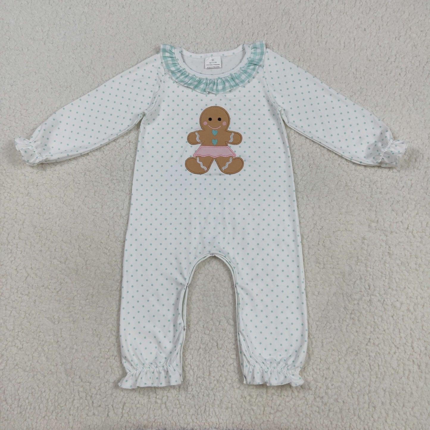 RTS NO MOQ(In Stock ) LR2341 Embroidered gingerbread man green plaid polka dot white long-sleeved jumpsuit