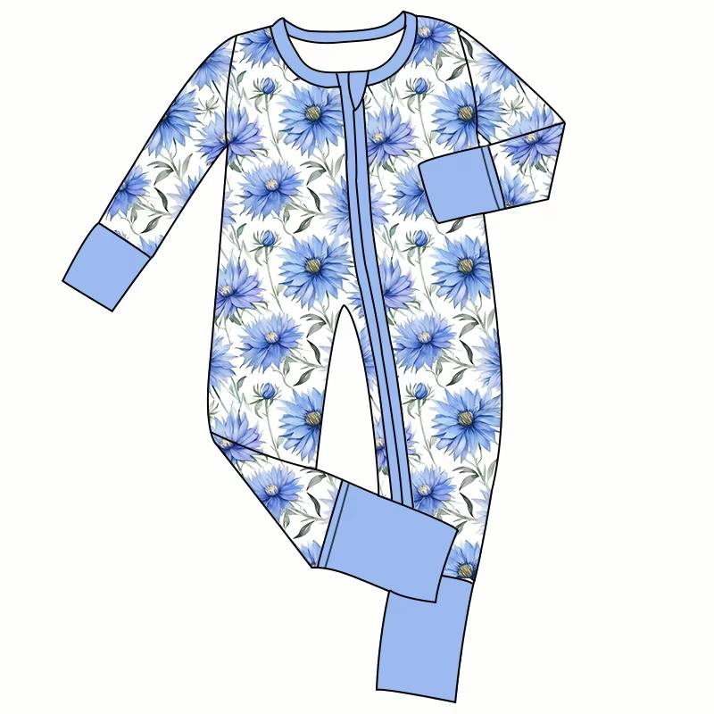 Custom moq 5 each style eta 6-7weeks baby girl clothes floral blue long sleeve romper-25.8.15